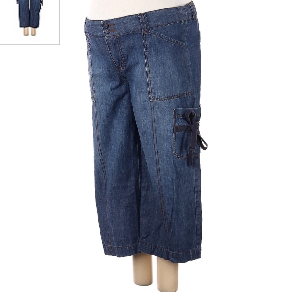 Duo Maternity Stretch Tie Cargo Pockets Bow Cropped Blue Denim Jeans Women's S
